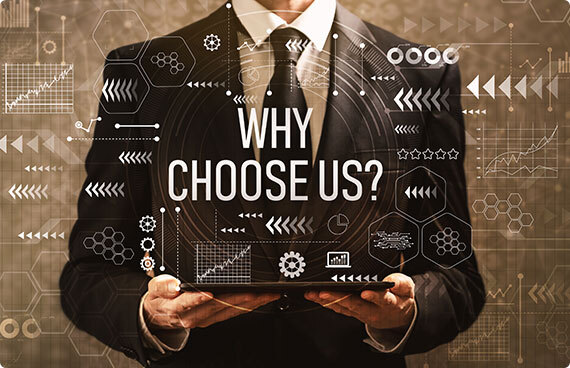 Professional man in a suit holding a tablet, with the text 'Why choose us?'.