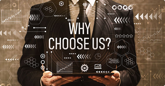 Professional man in a suit holding a tablet, with the text 'Why choose us?'.