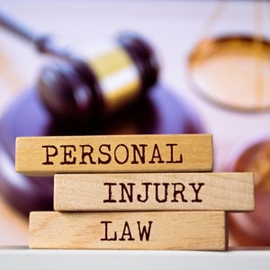 Personal injury law blocks with a gavel and scales of justice in the background - Whitley-Sebti Law